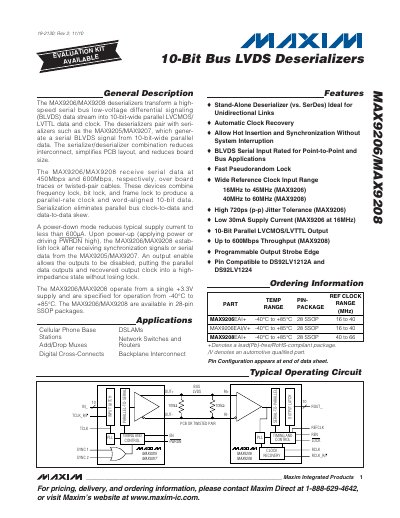 Maxim MAX9206/MAX9208 10‑Bit LVDS Deserializer Datasheet - cover page