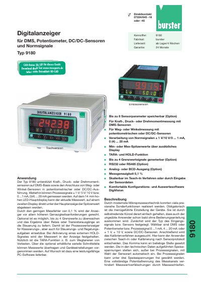 Burster 9180 Digital Indicator Product Leaflet - cover page