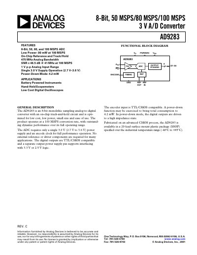Analog Devices AD9283 8‑Bit 100 MSPS ADC Datasheet