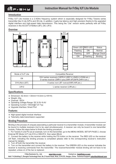 FrSky XJT Lite Module Instruction Manual - cover page