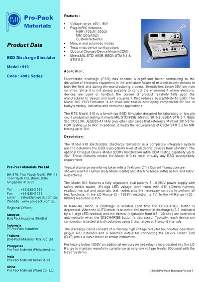 Pro-Pack Materials 910 ESD Discharge Simulator Product Data Sheet - cover page