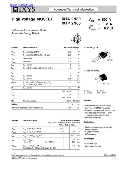 IXYS IXTA/IXTP 2N80 High Voltage MOSFET Datasheet - cover page