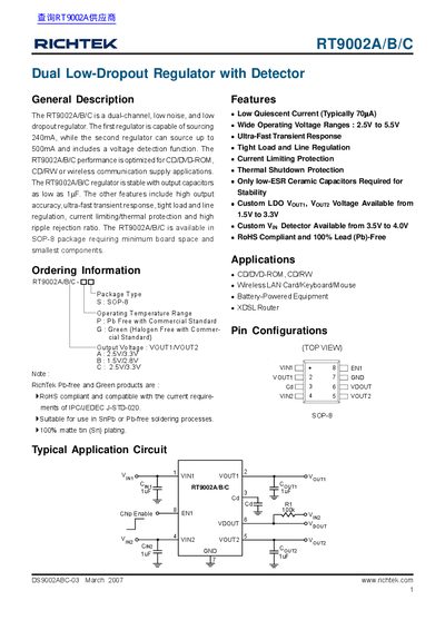 RichTek RT9002A/B/C Dual Low-Dropout Regulator Datasheet - cover page