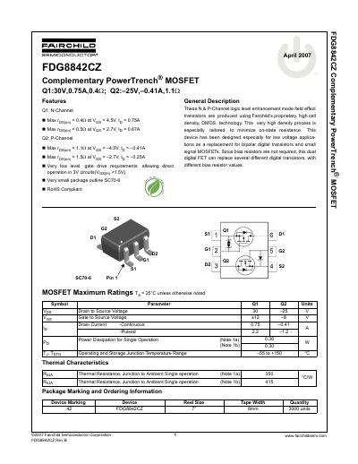 Fairchild Semiconductor FDG8842CZ Complementary PowerTrench MOSFET Datasheet - cover page