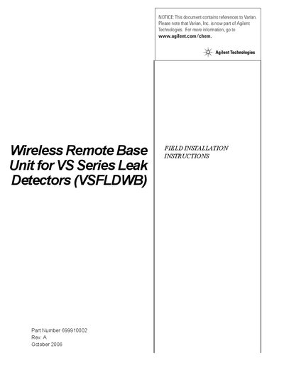 Agilent Wireless Remote Base Unit for VS Leak Detectors Installation Instructions - cover page