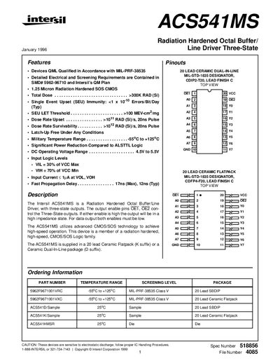 Intersil ACS541MS Radiation Hardened Octal Buffer Datasheet - cover page