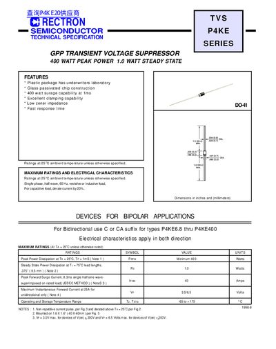 Rectron P4KE Series TVS Diode Datasheet - cover page