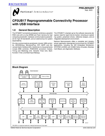 National Semiconductor CP3UB17 Reprogrammable Connectivity Processor with USB Interface handbook(1) - cover page