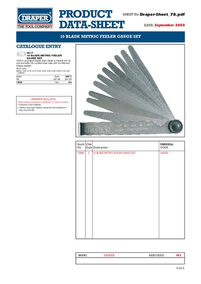 Draper 10 Blade Metric Feeler Gauge Set Datasheet - cover page