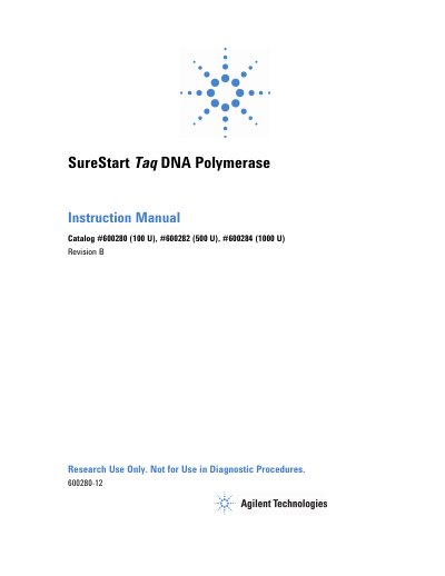 Agilent SureStart Taq DNA Polymerase Instruction Manual Catalog #600280 - cover page