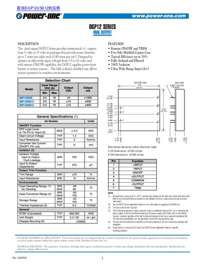 Power-One DGP12 Series Dual Output Power Supply Datasheet - cover page
