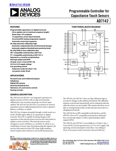 Analog Devices AD7142 Programmable Controller for Capacitance Touch Sensors Datasheet