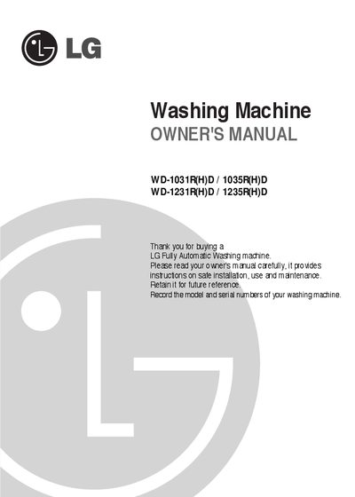 LG WD-1031R(H)D / 1035R(H)D / WD-1231R(H)D / 1235R(H)D Washing Machine Owner's Manual - cover page