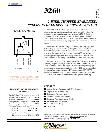 Allegro MicroSystems A3260 Bipolar Switch Datasheet