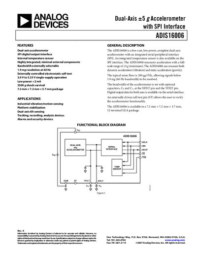 Analog Devices ADIS16006 Accelerometer Datasheet - cover page