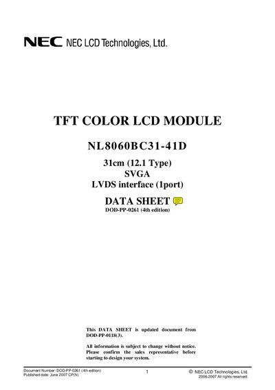 NEC NL8060BC31-41D TFT Color LCD Module Datasheet - cover page