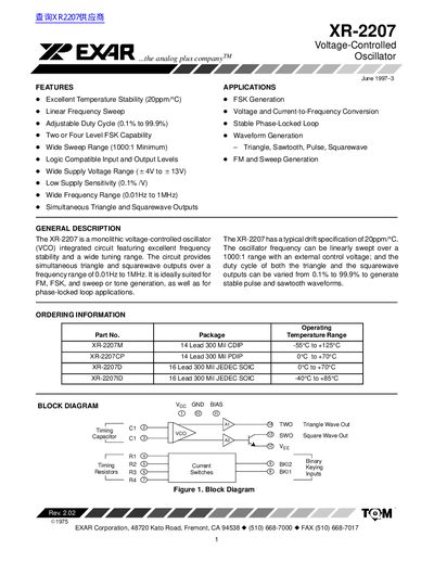 EXAR XR-2207 Voltage-Controlled Oscillator Datasheet - cover page