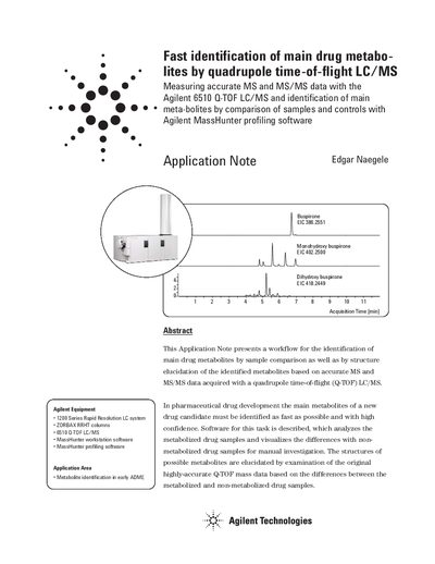 Agilent 6510 Q-TOF LC/MS Application Note: Fast Identification of Main Drug Metabolites - cover page