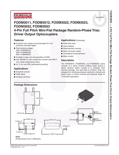 FAIRCHILD FODM3011 FODM3012 FODM3022 FODM3023 FODM3052 FODM3053 4-Pin Full Pitch Mini-Flat Package Random-Phase Triac Driver Output Optocouplers handbook - cover page