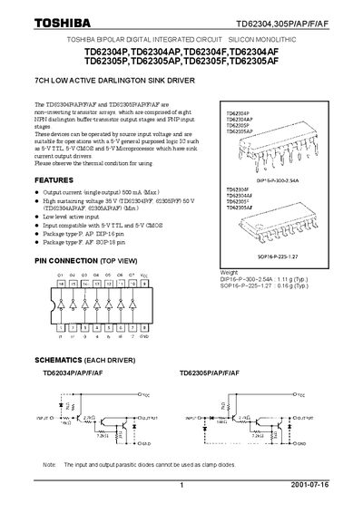 TOSHIBA BIPOLAR DIGITAL INTEGRATED CIRCUIT SILICON MONOLITHIC TD62304P TD62304AP TD62304F TD62304AF TD62305P TD62305AP TD62305F TD62305AF Data Sheet - cover page