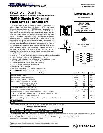 Motorola MMSF5N03HD Power MOSFET Designer's Data Sheet