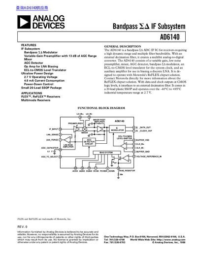 Analog Devices AD6140 Bandpass EA ADC IF IC Datasheet - cover page