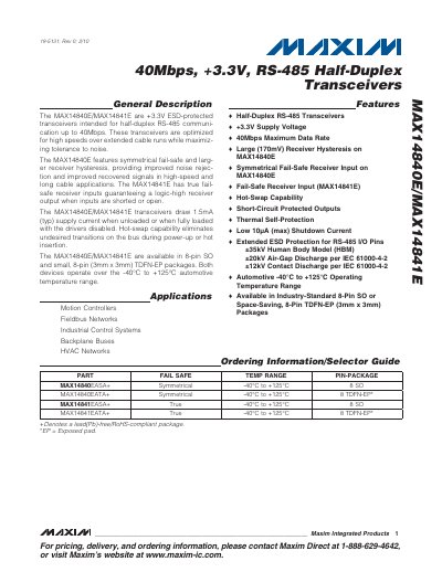 Maxim MAX14840E/MAX14841E RS-485 Half-Duplex Transceiver Datasheet - cover page