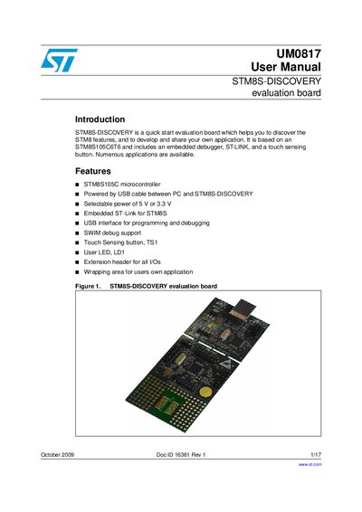 STMICROELECTRONICS UM0817 STM8S-DISCOVERY evaluation board user manual