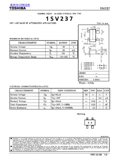 Toshiba 1SV237 VHF-UHF RF Attenuator Datasheet - cover page