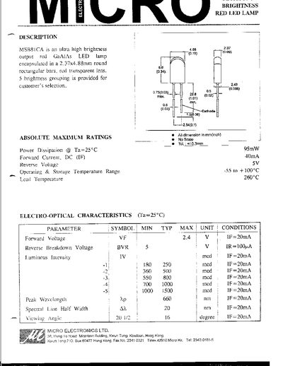 Micro Electronics MSB8ICA Red LED Lamp Datasheet - cover page