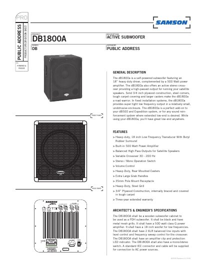 Samson DB1800A Active Subwoofer Specification Sheet - cover page