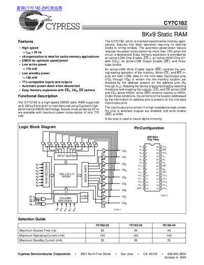 Cypress CY7C182 8Kx9 Static RAM Datasheet - cover page