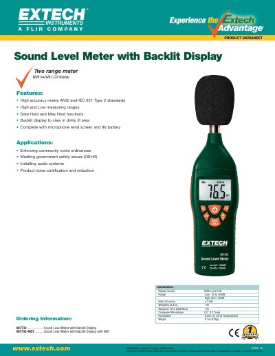 Extech 407732 Sound Level Meter with Backlit Display Datasheet - cover page