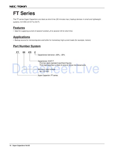 Super Capacitors FT0H474Z Super Capacitor Datasheet - cover page