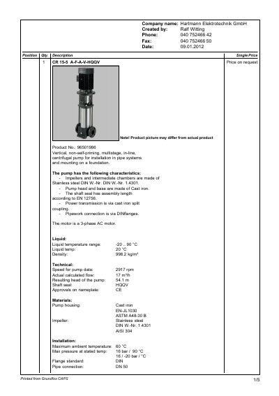 Grundfos CR 15-5 Multistage Centrifugal Pump Technical Data Sheet - cover page