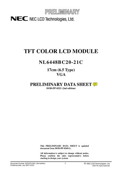 NEC NL6448BC20-21C TFT Color LCD Module Data Sheet - cover page