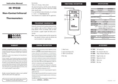 Hanna Instruments HI 99550 Non-Contact Infrared Thermometer Instruction Manual - cover page