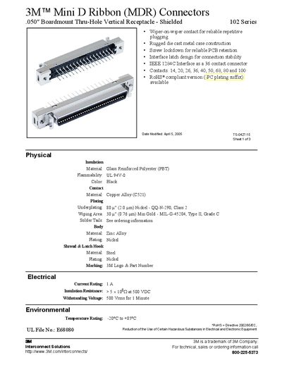 3M Mini D Ribbon (MDR) 102 Series Datasheet - cover page