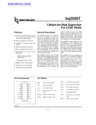 Texas Instruments bq2058T Lithium Ion Pack Supervisor Datasheet - cover page