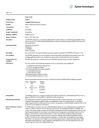 Agilent Technologies Taq2000 DNA Polymerase Product Certificate - cover page