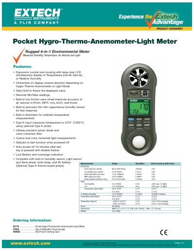 Extech 45170 Pocket Hygro-Thermo-Anemometer-Light Meter Specifications - cover page