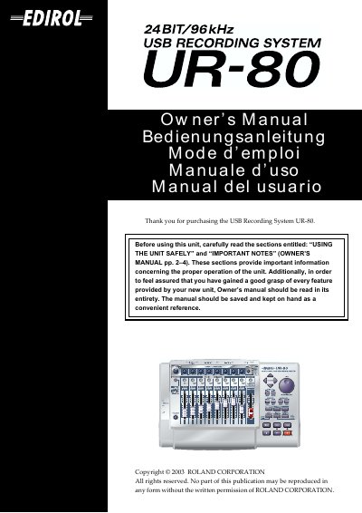 Roland UR-80 USB Recording System Owner's Manual - cover page