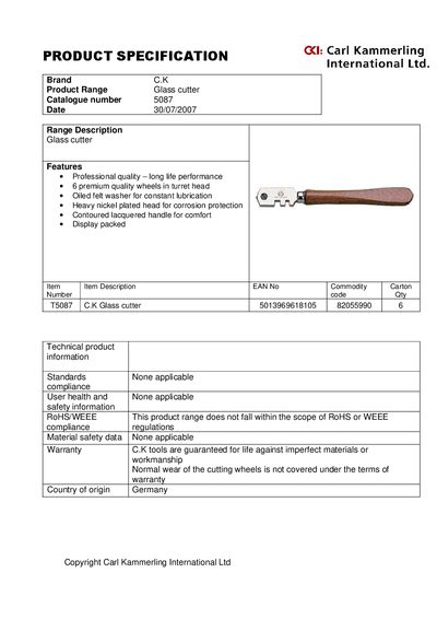 C.K T5087 Glass Cutter Product Specification - cover page
