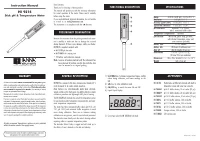 Hanna Instruments HI 9214 Stick pH Temperature Meter Instruction Manual - cover page