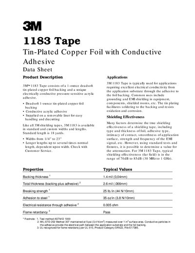 3M 1183 Tape Tin-Plated Copper Foil Conductive Adhesive Data Sheet - cover page