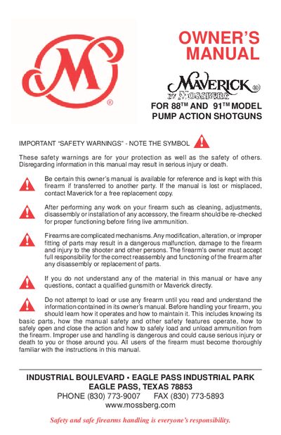 Mossberg 88TM and 91TM Pump Action Shotguns Owner's Manual - cover page