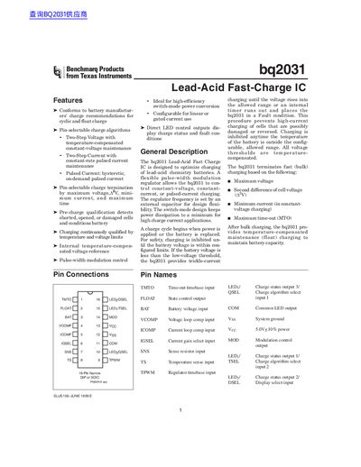 Texas Instruments bq2031 Lead-Acid Fast-Charge IC Datasheet - cover page