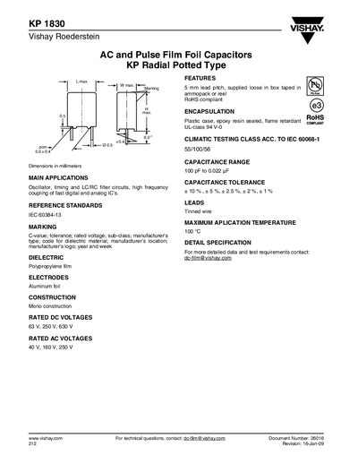Vishay KP 1830 AC and Pulse Film Foil Capacitors Datasheet - cover page