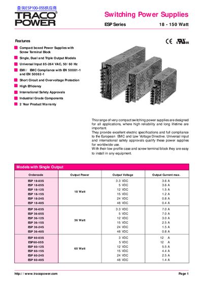 TRACO POWER Switching Power Supplies ESP Series 18 - 150 Watt - cover page