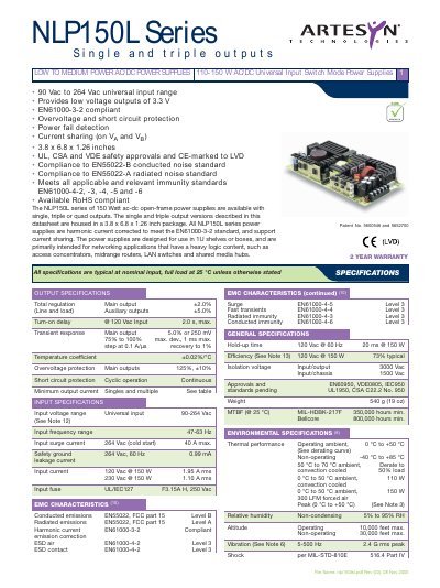 ARTESYN NLP150L Series LOW TO MEDIUM POWER AC/DC POWER SUPPLIES 110-150 W AC/DC Universal Input Switch Mode Power Supplies Manual - cover page